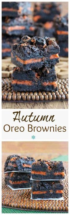 Autumn Oreo Brownies ~ A wonderful recipe, and all you have to do is lay cookies in between two layers of the batter! Fall, Halloween and Thanksgiving!