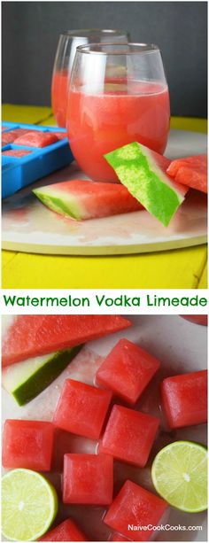 Refreshing watermelon juice limeade with vodka and frozen watermelon juice cubes is the perfect summer drink! Make it without alcohol to make it kid friendly! NaiveCookCooks.com