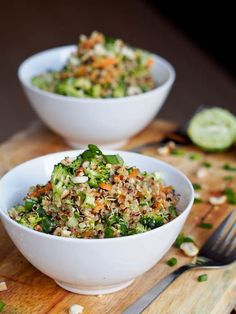 35 minute Vegan Thai Veggie Quinoa Bowls Recipe - think health in a bowl. A quick and easy weeknight dinner bursting with flavor. Vegan + Gluten Free.
