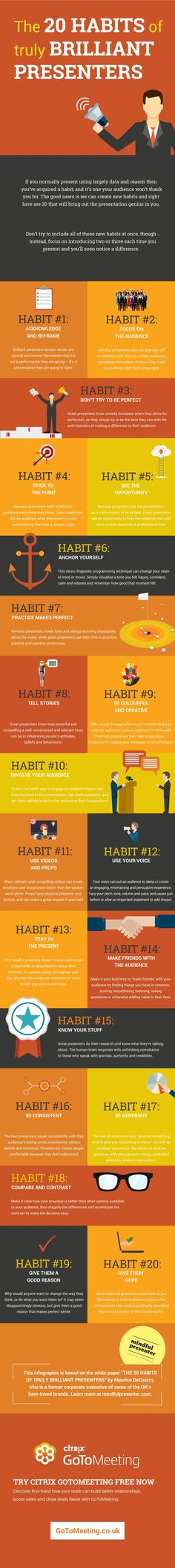 20 Habits ??f Truly Brilliant Presenters Infographic - <a href="http://elearninginfographics.com/20-habits-%ce%bff-truly-brilliant-presenters-infographic/" rel="nofollow" target="_blank">elearninginfograp...</a>