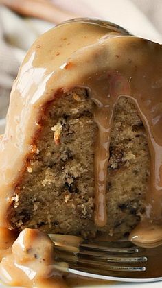 Toffee Pecan Bundt Cake with Caramel Drizzle Recipe ~ This easy cake delivers on so many levels! A moist, sweet brown sugar cake is full of toffee bits and chopped pecans. Then ??? the cake is covered in a rich, sweet caramel drizzle that is sugary perfection!