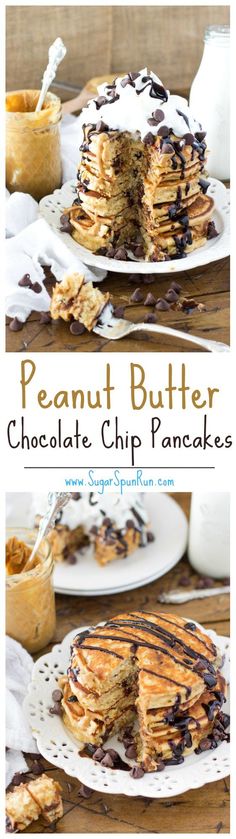 Peanut butter chocolate chip pancakes -- http://SugarSpunRun.com