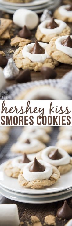 Hershey Kiss S&#39;mores Cookies - These s&#39;mores cookies start with a graham cracker filled cookie base, topped with a gooey marshmallow, and a chocolate kiss - for your???