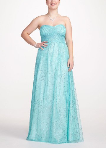 David's Bridal Long Strapless Glitter Mesh Print Prom Gown Style ...
