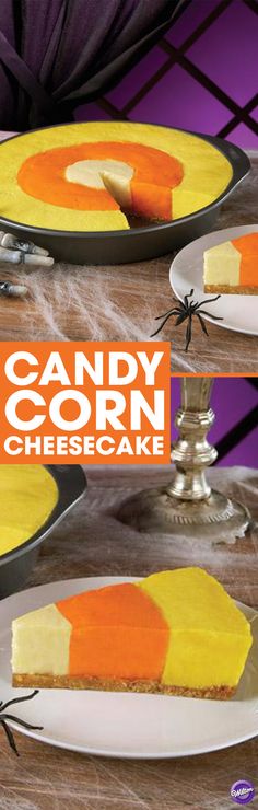 Candy Corn Cheesecake Recipe - It&#39;s the best of both worlds. A delicious cheesecake made to resemble Halloween candy corn. The magic begins with the Wilton Checkerboard Cake Pan. It allows three different color batters to be baked at the same time. The results, a look of candy corn with the rich taste of cheesecake. Perfect for your Halloween party!