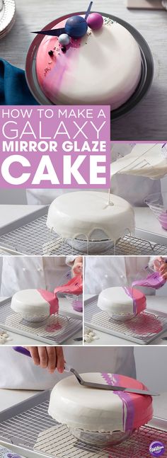 How to Make a Galaxy Mirror Glaze Cake - A sweet and shiny glaze tops this Galaxy-Inspired Mirror Glaze Cake, giving it a glossy finish that???s out of this world! Great for birthdays, showers or just because, this mirror glaze cake features glazes in three colors and is topped with edible accents that help give this cake movement and dimension. Use the Contour Pan to create a cake with round smooth edges, perfect for glazing.