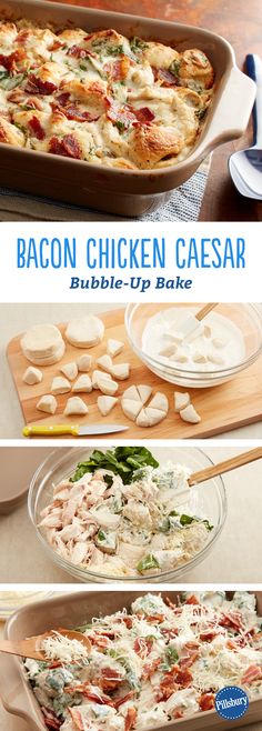 Chicken Bacon Caesar Bubble-Up Bake: This quick-prep weeknight dinner is literally bubbling up with flavor! For an easy and impressive meal, combine Caesar dressing, bacon and fresh spinach in a warm biscuit bake.