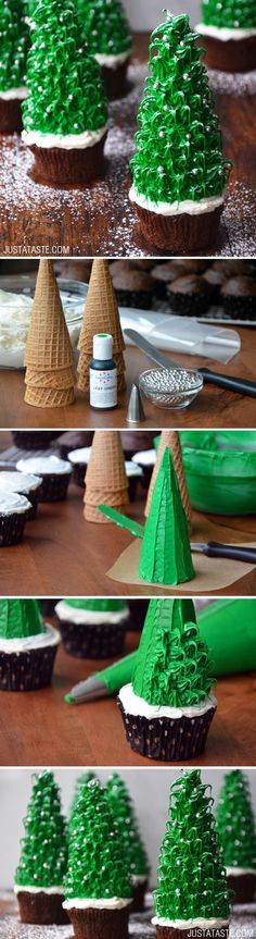 Christmas Tree Cupcakes <a class="pintag searchlink" data-query="%23recipe" data-type="hashtag" href="/search/?q=%23recipe&rs=hashtag" rel="nofollow" title="#recipe search Pinterest">#recipe</a> from <a href="http://justataste.com" rel="nofollow" target="_blank">justataste.com</a>