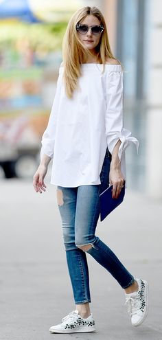 Off the Shoulder top and sneakers,Casual outfit. Click here to see more casual outfit ideas. www.herstyledview.com