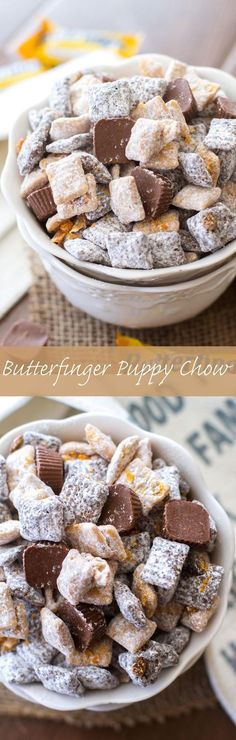 This easy puppy chow recipe is full of chocolate, peanut butter, and both Butterfinger Fun-Sized Candy Bars and Butterfinger Peanut Butter Cup Minis!