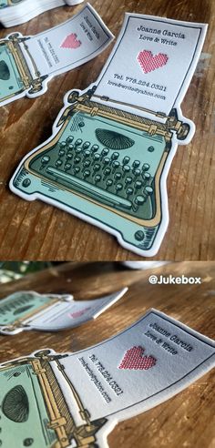 Cute Typewriter custom shaped business card printed with Letterpress. Produced by <a class="pintag searchlink" data-query="%23Jukeboxprint" data-type="hashtag" href="/search/?q=%23Jukeboxprint&rs=hashtag" rel="nofollow" title="#Jukeboxprint search Pinterest">#Jukeboxprint</a>