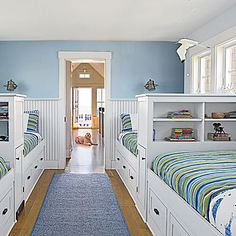 Two rows of beds in this children's room put a whimsically nautical spin on the traditional bunk.