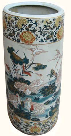 18" high Rustic Chinese porcelain umbrella stand with painted cranes & lilies design. Umbrella Stand