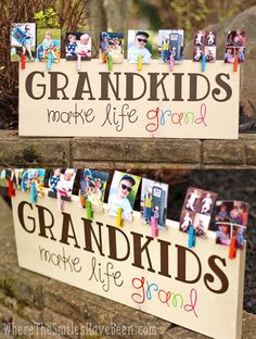How CUTE! This is such a great gift idea for Grandparent's Day, Mother's Day, Father's Day, Christmas, or anytime! 'Grandkids Make Life Grand' Wood Sign Photo Display | Where The Smiles Have Been