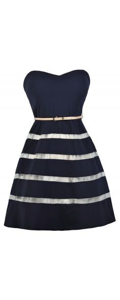 Lily Boutique In The Navy Belted Strapless Stripe Dress