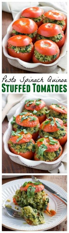 If you like stuffed peppers you&#39;ll LOVE stuffed tomatoes! Roasted stuffed tomatoes that are filled to the brim with a flavorful mixture of pesto quinoa and fresh spinach. Vegan, dairy-free, and gluten-free.