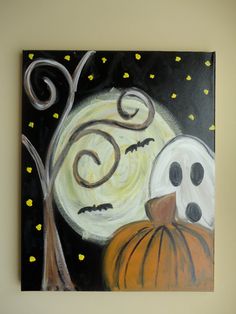 Looks pretty easy with big brush strokes - would make with a pumpkin and fall tree, maybe a turkey ~ definitely NOT a ghost &amp; bats.