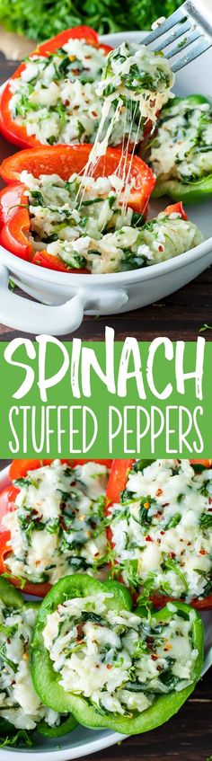 We're LOVING this fun twist on classic stuffed peppers! These Cheesy Spinach Stuffed Peppers are packed with an entire BOX of fresh baby spinach and loaded with so much flavor, you'll forget you're eating <a class="pintag searchlink" data-query="%23alltheveggies" data-type="hashtag" href="/search/?q=%23alltheveggies&rs=hashtag" rel="nofollow" title="#alltheveggies search Pinterest">#alltheveggies</a>