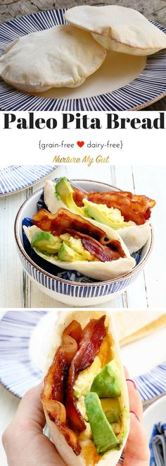 Craving Pita Bread? Look no further! These pitas puff up perfectly in the oven and are an insanely good breakfast when stuffed with scrambled eggs, avocado and bacon. Gluten free/Grain Free/Dairy Free