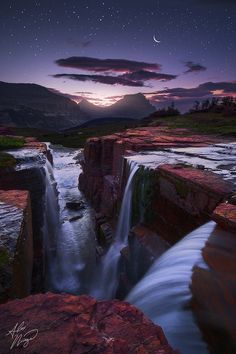 Morning twilight rising moon, Triple Falls, Glacier National Park, Montana, USA