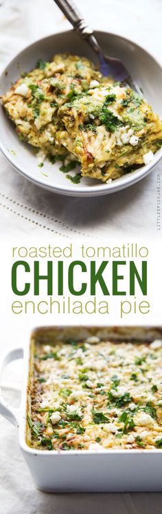 Roasted Tomatillo Chicken Enchilada Pie - A simple homemade tomatillo cream sauce layered in with tortillas and cooked chicken. It's comfort food to the max! <a class="pintag searchlink" data-query="%23comfortfood" data-type="hashtag" href="/search/?q=%23comfortfood&rs=hashtag" rel="nofollow" title="#comfortfood search Pinterest">#comfortfood</a> <a class="pintag searchlink" data-query="%23enchiladacasserole" data-type="hashtag" href="/search/?q=%23enchiladacasserole&rs=hashtag" rel="nofollow" title="#enchiladacasserole search Pinterest">#enchiladacasserole</a> <a class="pintag" href="/explore/enchiladas/" title="#enchiladas explore Pinterest">#enchiladas</a> <a class="pintag searchlink" data-query="%23tomatillosalsa" data-type="hashtag" href="/search/?q=%23tomatillosalsa&rs=hashtag" rel="nofollow" title="#tomatillosalsa search Pinterest">#tomatillosalsa</a> | <a href="http://Littlespicejar.com" rel="nofollow" target="_blank">Littlespicejar.com</a>