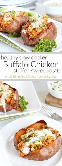 Healthy Slow Cooker Buffalo Chicken Stuffed Sweet Potato | A hearty and healthy, whole30-friendly, slow cooker buffalo chicken that's shredded and stuffed inside of a perfectly baked or grill sweet potato. A recipe for all you buffalo chicken fans | Paleo | Gluten-free | Dairy-free | Whole30