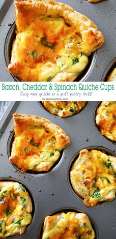 Bacon Cheddar &amp; Spinach Quiche Cups are a perfect, savory brunch recipe that&#39;s so easy to make. Baked in fluffy puff pastry- these mini quiches are delish! Perfect for Easter or Mother&#39;s Day celebrations, you&#39;ll want to make 3-4 batches to feed your crowd. But don&#39;t worry, they are so simple &amp; take less than 30 minutes.