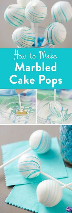 How to Make Marbled Cake Pops - Create a marbled look on your cake pops with this Marbleized Cake Pops project. Fun for baby showers and weddings, these cake pops are deceivingly easy to make and look so elegant when completed. These cake pops feature blue and green marbling, but you could use any colors you???d like to best suit your occasion. http://www.wilton.com/blue-marbled-cake-pops/WLPROJ-8609.html?crlt.pid=camp.YoIla84kkn9F&amp;utm_content=bufferb0395&amp;utm_medium=social&amp;utm_source=pinterest.co???