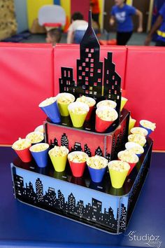 Fun popcorn display at a superhero birthday party! See more party planning ideas at <a href="http://CatchMyParty.com" rel="nofollow" target="_blank">CatchMyParty.com</a>!