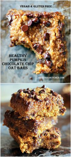 A healthy pumpkin chocolate chip bar made with oat flour and no butter! Vegan and gluten free!