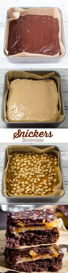 Snickers Brownies - rich and sweet with peanut nougat and salted caramel layers. You really don?? need much to satisfy that sweet tooth! recipe desserts chocolate bars cake frosting treat sugar flavor