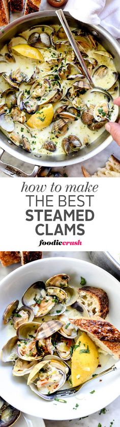 Small, sweet clams are cooked in a garlicky white wine and cream sauce to create the best sauce for sourdough bread dipping | <a href="http://foodiecrush.com" rel="nofollow" target="_blank">foodiecrush.com</a> <a class="pintag" href="/explore/clams/" title="#clams explore Pinterest">#clams</a> <a class="pintag" href="/explore/appetizer/" title="#appetizer explore Pinterest">#appetizer</a>