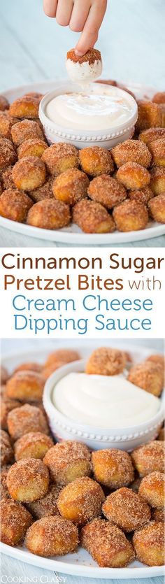 Copycat Auntie Anne&#39;s Cinnamon Sugar Pretzel Bites with Cream Cheese Dipping Sauce - I used to always get Auntie Anne&#39;s pretzel nuggets at the mall and these taste just like them!
