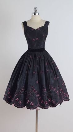 Vintage 1950s Black Pink Flocked Cocktail Dress