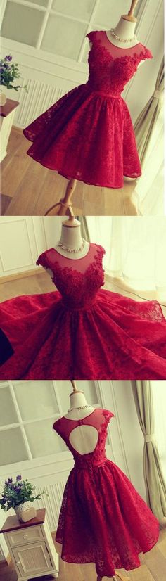 2016 New Style Lace Homecoming Dress, Open Back Applique Homecoming Dress, Red Prom Dress