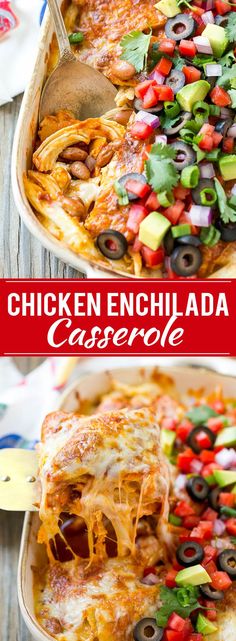This easy recipe for chicken enchilada casserole is just 5 ingredients, all layered together and baked to perfection. A quick and simple meal that the whole family will love!