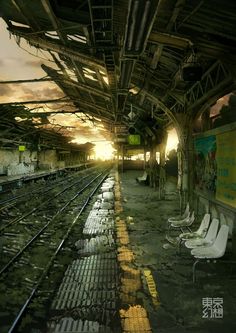 A deserted train station, overgrown, forgotten, abandoned, and a place where only ghosts roam. Conceptual Art. Surreal. The metro, railway, apocalypse style. Dystopia.