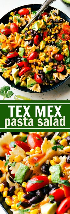 A delicious and super simple Tex Mex Pasta Salad with corn, black beans, cherry tomatoes, and avocados. An easy Catalina dressing tops this salad. Recipe via <a href="http://chelseasmessyapron.com" rel="nofollow" target="_blank">chelseasmessyapro...</a>
