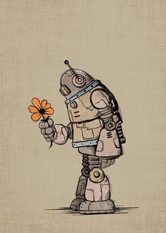 Robot the flower &#9774;~ Retro ROBOT &#10084; Vintage illustration, design and poster art.
