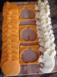 Use cookie cutters in cheese for different seasonal ideas like pumpkin parties for fall festival ideas or harvest parties or Halloween - quick and easy cooking with kids or classroom snacks