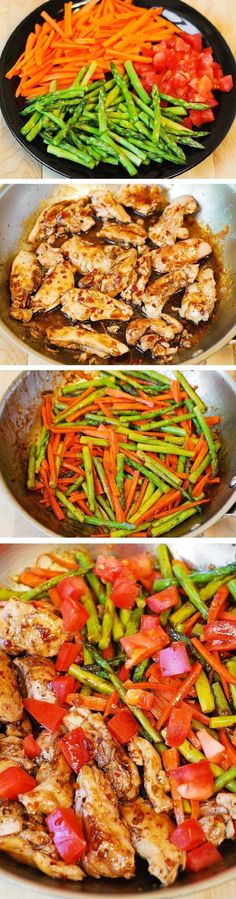 Balsamic Chicken with Asparagus and Tomatoes by bhg: Delicious, healthy, low fat, low cholesterol, low calorie meal, packed with fiber (vegetables) and protein (chicken).