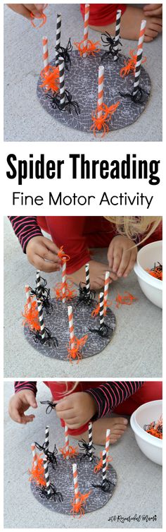 This fun spider threading activity is great for building fine motor skills, hand-eye coordination, learning colors, and developing early math skills.