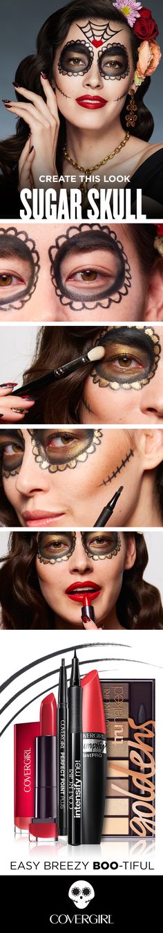 Follow this DIY guide to transform into the Sugar Skull, inspired by the Mexican Day of the Dead, ???Dia de los Muertos.??? Start with Clean Matte BB Cream for a perfect canvas. Then, use both Intensify Me! and Perfect Point Plus Eyeliners to draw lacey designs on the face. Add Plumpify Mascara for length. Fill it in with a range of shadows from the truNaked Goldens Palette - bronze around the eyes and gold inside the lace. Lips are a deep red in Colorlcious Seduce Scarlet.
