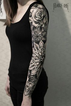 Sleeve tattoo blackwork. Mandalas and roses by Family Ink