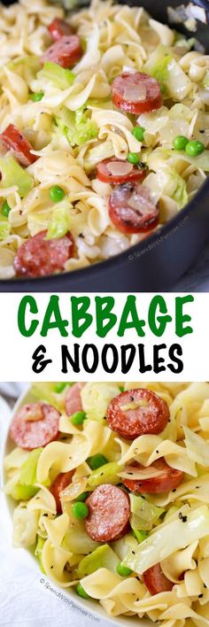 In this Cabbage &amp; Noodles recipe, simple pantry ingredients create a comforting dish in just minutes. ??Tender sweet cabbage, fluffy egg noodles and deliciously browned sausage are tossed??with??butter, salt &amp; pepper. ??A perfectly comforting meal that your whole family will love!