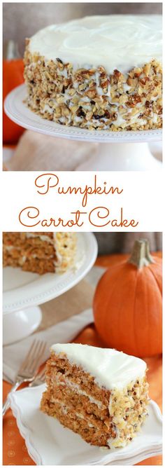 Pumpkin Carrot Cake with Cream Cheese Frosting - A moist layer cake filled with pumpkin, carrots, and spices.