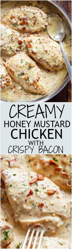 A deliciously Creamy Honey Mustard Chicken with crispy bacon pieces will become your new favourite dinner -- flour less and low carb WITH dairy free option