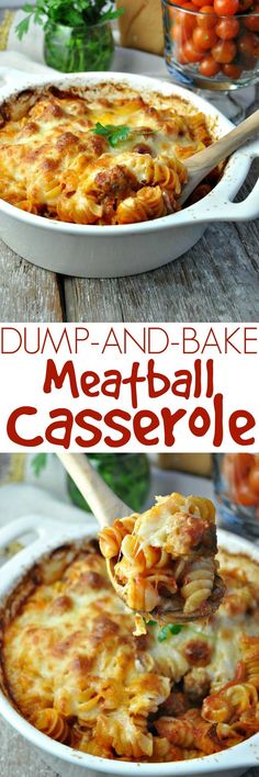 Dinner doesn?? get any easier! No boiling the pasta and just 5 ingredients for this family-friendly comfort food: Dump and Bake Meatball Casserole!