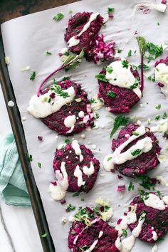 Beet and Cumin Fritters from Peace &amp; Parsnips | Savory vegan and gluten-free beetroot fritters are topped with a tangy horseradish and dill yogurt sauce.
