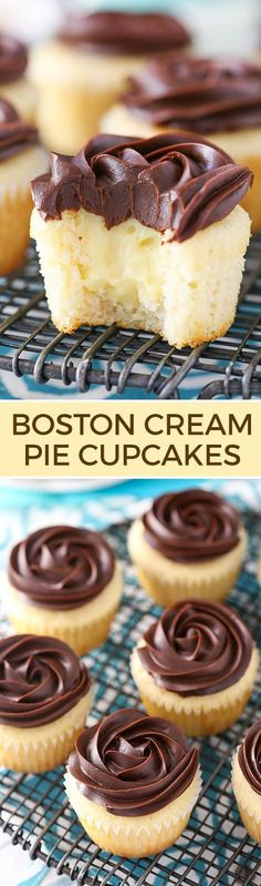 Boston Cream Pie Cupcakes - a moist, fluffy vanilla cupcake with pastry cream filling and a chocolate ganache rosette on top! Beautiful and delicious!
